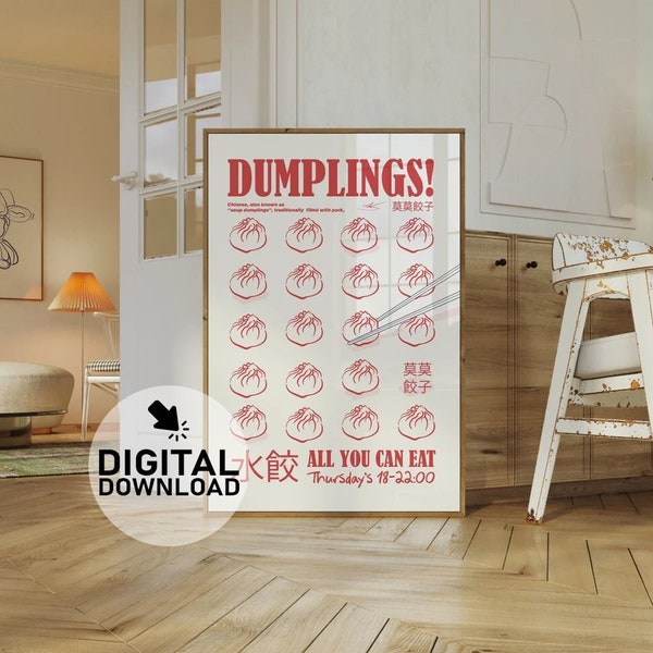 Dumpling Club Poster, !!!Digitaler Produkt-DOWNLOAD!!! Bay Area Restaurant, asiatische Essensillustration, Barwagen-Dekor, Küchenwandkunst