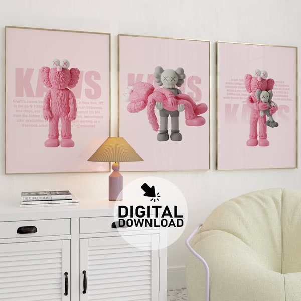 Hypebeast Pink Kaws Poster Set de 3, !!! DESCARGA DE PRODUCTO DIGITAL!!! Decoración de habitaciones Hypebeast, Mejor decoración minimalista, Idea de hiper regalo