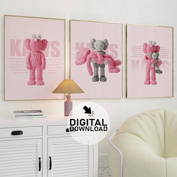 Hypebeast Pink Kaws Poster Set of 3, !!!DIGITAL PRODUCT DOWNLOAD!!! Hypebeast Room Decor, Minimalist Best Decor, Hyper gift idea