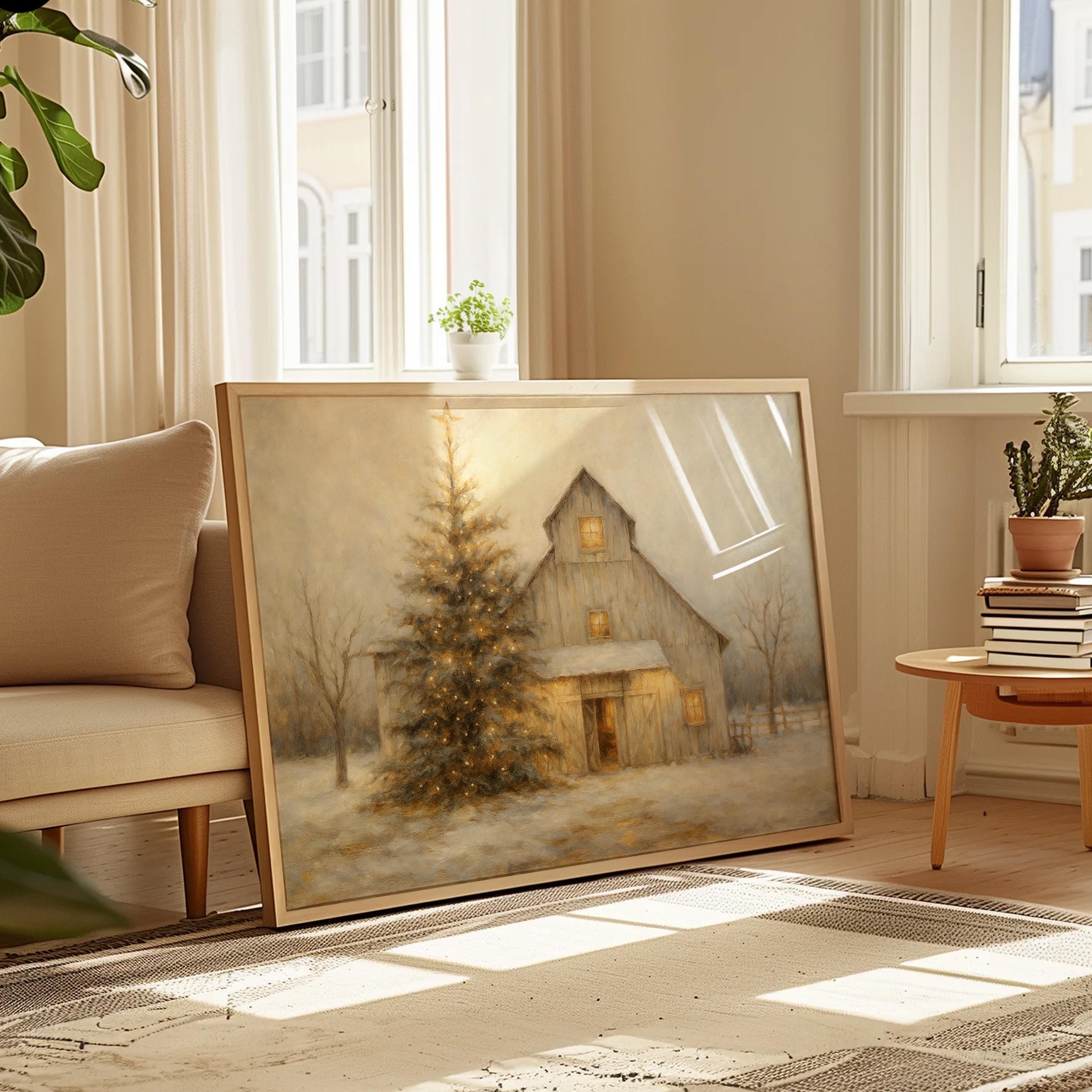Rustic Christmas Barn Wall Art, Winter Farmhouse Scene, Cozy Holiday ...