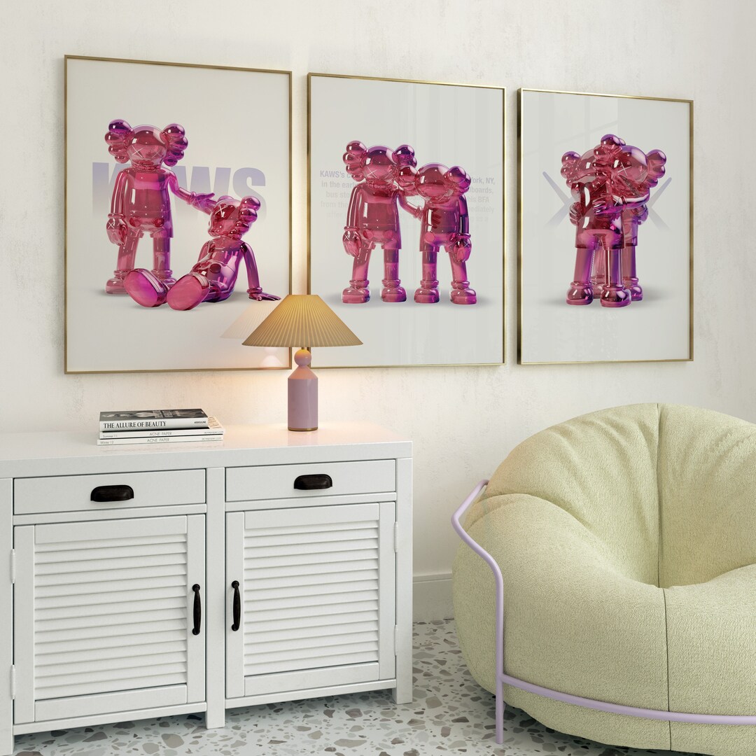 Hypebeast Pink Kaws Poster Set of 3, Figure Printable Wall Art, Minimalist Best Decor, Hyper ...