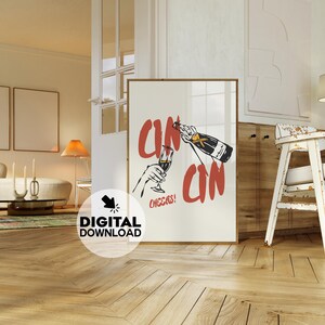 Trendy Cin Cin Cheers-print, retro wijnposter, pasta-avondeten-print, barwagen-kunstprint, maximalistische keukenprint !!! Digitale download!!!