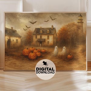 Cute Ghosts Haunted Halloween Farmhouse | Spooky Pumpkin Patch Vintage Fall Cottagecore Printable Wall Art | Digital Download