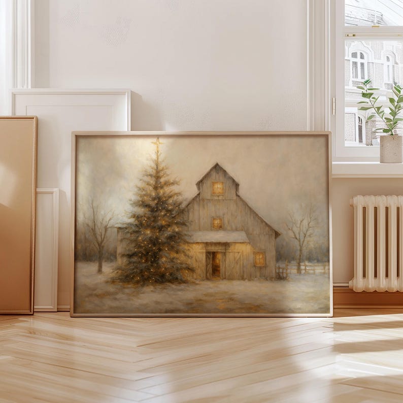 Rustic Christmas Barn Wall Art, Winter Farmhouse Scene, Cozy Holiday ...