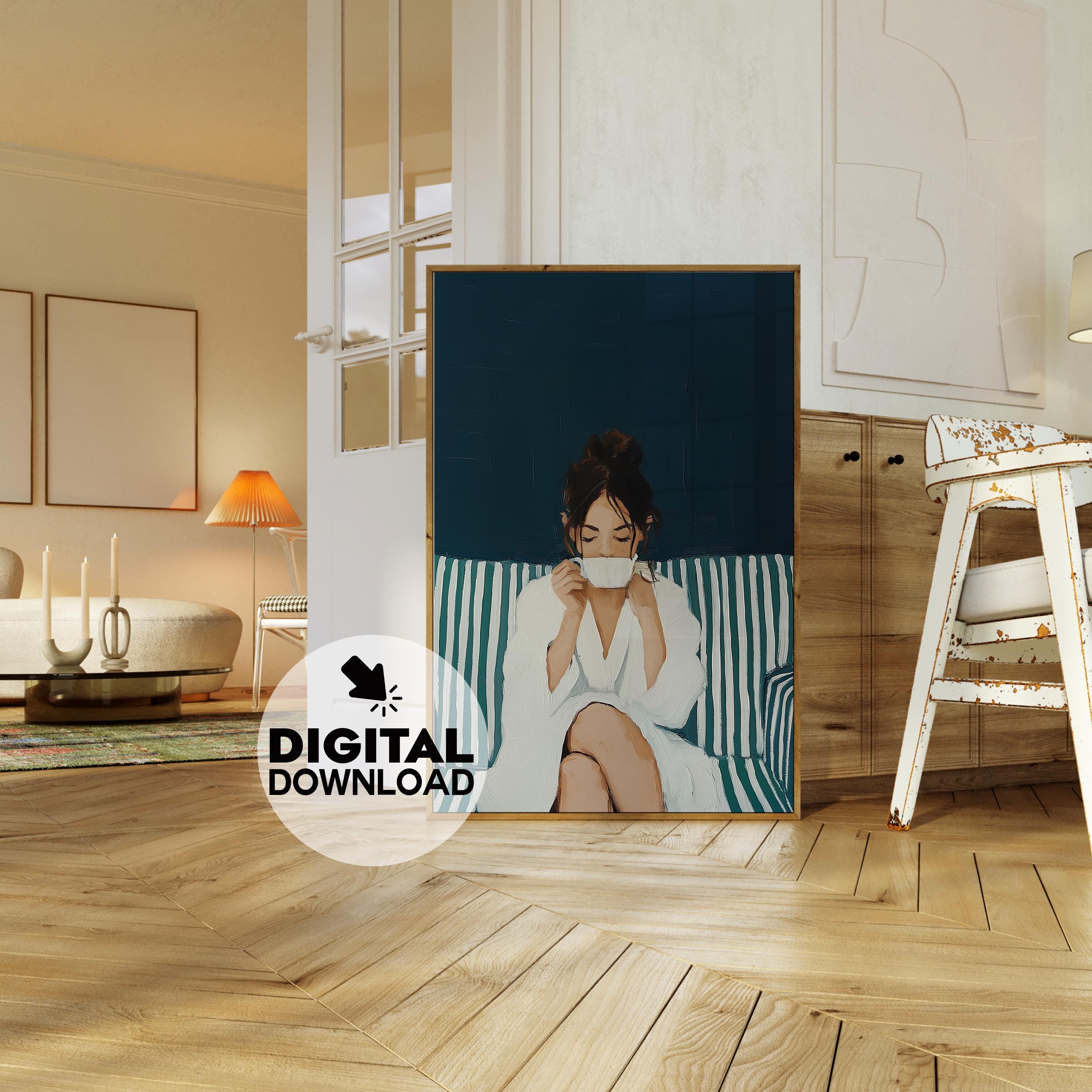 Midnight Abstract Woman Art Print: Minimalist Stripe Portrait (Digital Download