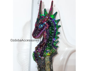 Green dragon brooch,bright dragon brooch, dragon pin, dragon brooch, beaded brooch, amethyst brooch, gift for girlfriend, stylish brooch