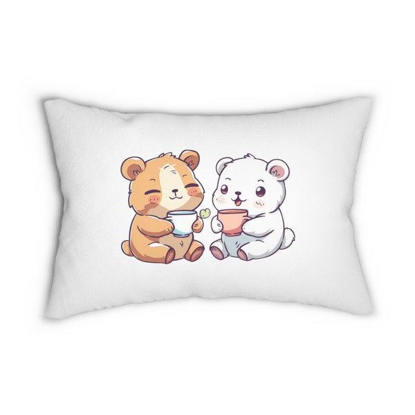 Cute Bears Sipping Tea Double-Sided Print Lumbar Pillow - Mildew Resistant & Stylish Home Accent with Concealed Zipper