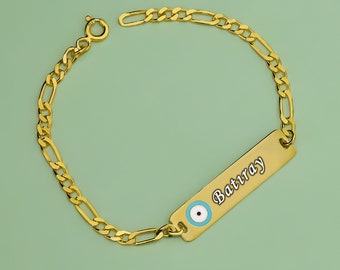 925 Sterling Silver Gold Plated Baby Boy Tag with the Name Evil Eye