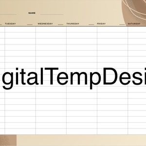 May include: A weekly planner with a beige background and a grid layout. The planner has columns for each day of the week, from Monday to Sunday, and rows for each hour of the day, from 6:00 AM to 11:00 PM. The planner also includes a space for the month and name.
