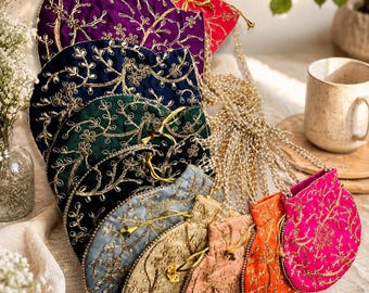 Hand Embroidered Silk Potli Bag, Indian Wedding Drawstring Purse, Party Favor Clutch for return gift and mehendi gift