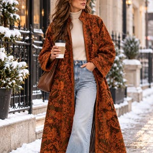 Luxury Embroidered Long Coat for Women, Vintage Boho Kimono Jacket, Floral Duster Coat, Elegant Statement Outerwear, Artistic Winter Layer