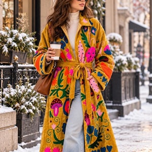 Luxury Embroidered Velvet Kimono Coat for Women, Boho Duster Jacket, Belted Long Winter Coat, Artistic Floral Statement Outerwear