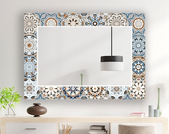Colorful Mosaic Frame Glass Wall Mirror – Large Statement Piece with Geometric Design Mirror for Living Room, Bathroom, or Hallway