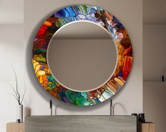 Stained Glass Round Mirror: Colorful Mosaic Framed Vanity Mirror