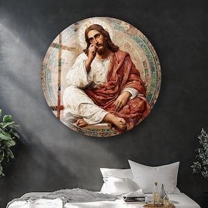 Art mural en verre de Jésus songeur : impression religieuse mosaïque chrétienne
