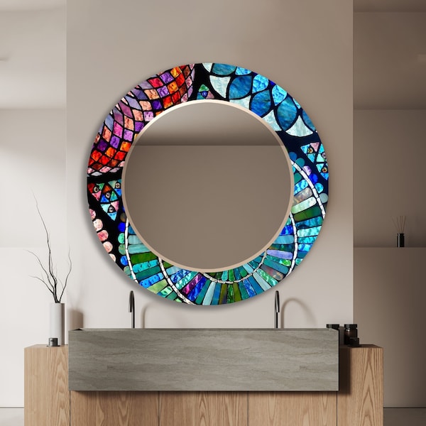 Miroir mural en verre trempé pour salle de bain - Miroir mural rond en verre pour chambre à coucher - Miroir décoratif - Miroir rond teinté
