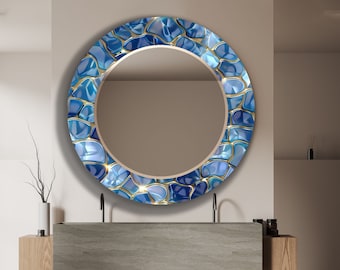 Espejo de pared redondo con mosaico azul: Espejo moderno de cristal templado