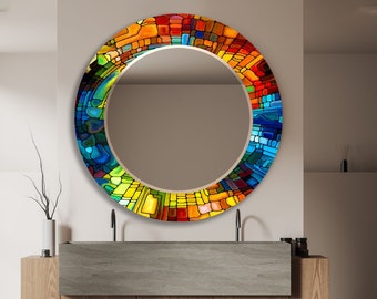 Tempered Glass Mirror Wall Decor for Bathroom Mirror-Glass Wall Mirror for Bedroom mirror-Stained mirror Circle Mosaic mirror-Round mirror