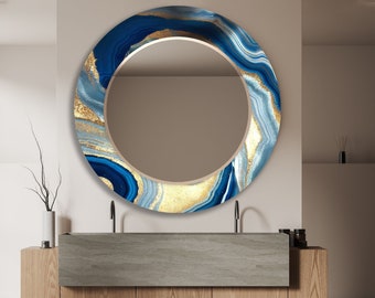 Tempered Glass Mirror Wall Decor for Bathroom Mirror-Glass Wall Mirror for Bedroom mirror-Decorative mirror-Round mirror-Gold Blue mirror