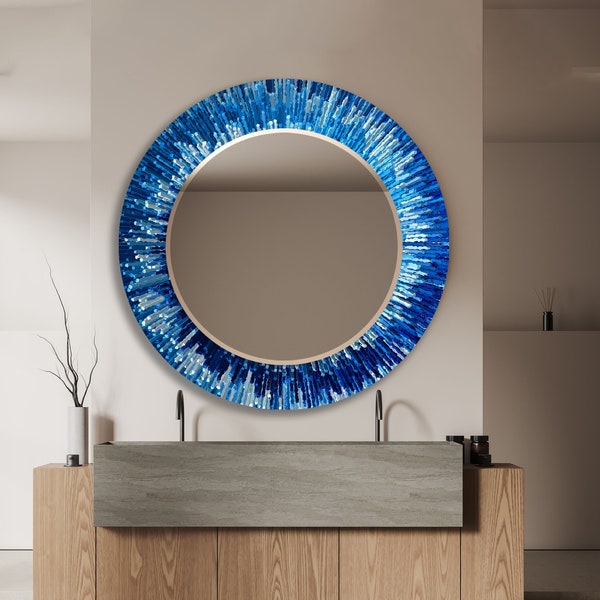 Décoration murale en verre trempé pour salle de bain - Miroir mural en verre pour chambre à coucher - Miroir argenté - Miroir rond - Miroir rond bleu