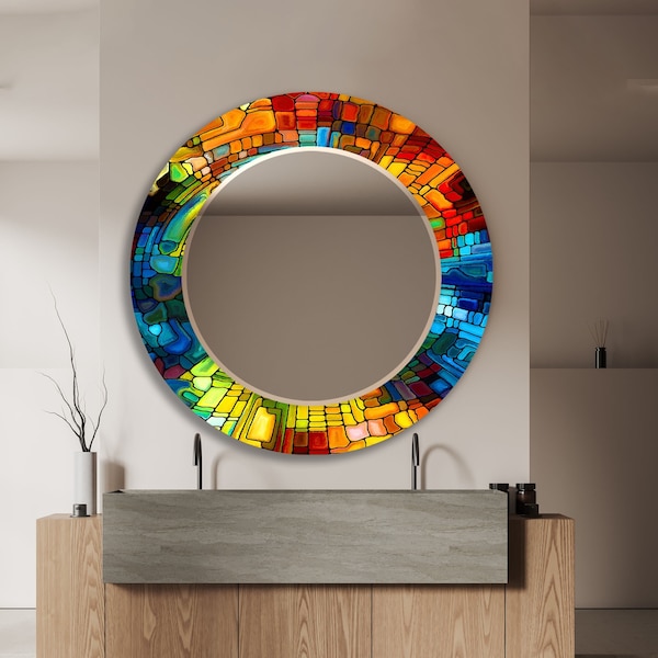 Décoration murale en verre trempé pour salle de bain - Miroir mural en verre pour chambre à coucher - Miroir teinté - Miroir rond en mosaïque - Miroir rond