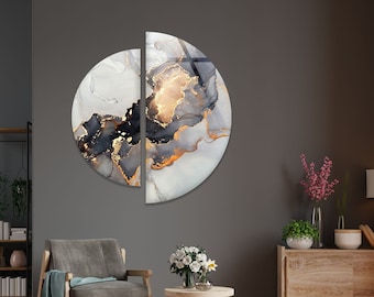 Black Gold Marble Glass Wall Art: Round Split Panel, Modern Decor