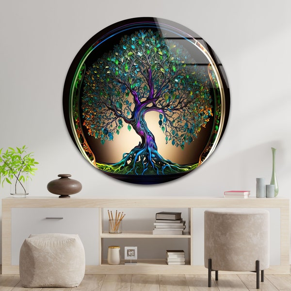 Art mural en verre trempé - Décoration murale en verre - Art d'impression sur verre - Art mural mandala, cadeaux pour elle - Art mural Life of Tree - Vitrail arbre de vie