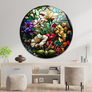3. Tempered Glass Floral Wall Art – Round Stained Glass Flower Artwork for Living Room