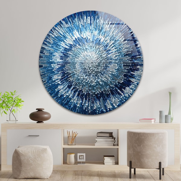 Blue Tempered Glass Wall Art: Modern Abstract Circle Panel