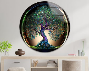 Tree of Life Glass Wall Art – Vibrant Round Glass Print, Abstract Glass Artwork, Spiritual Glass Panel Design, Colorful Tempered Glass Art