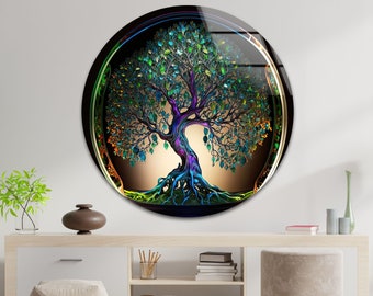 Art mural en verre trempé - Décoration murale en verre - Art d'impression sur verre - Art mural mandala, cadeaux pour elle - Art mural Life of Tree - Vitrail arbre de vie