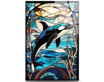 Tempered Glass Wall Art-Stained Glass Decor-Glass Printing Art-Tempered Glass Art-Glass Wall Decor-Dolphin Wall art-Stained Dolphin Decor