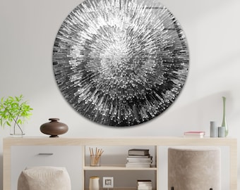 Arte mural abstracto en blanco y negro sobre vidrio: Impresión metálica redonda