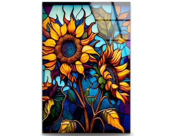 Stained Glass Sunflower Art: Vibrant Tempered Glass Floral Print