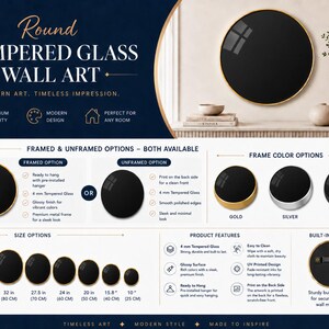 The image is a promotional poster for a round Tempered Glass Wall Art product. It features a variety of framed and unframed options, along with information about the product's features and design.