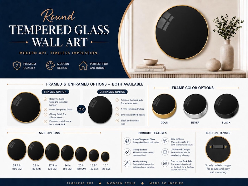 The image is a promotional poster for a round Tempered Glass Wall Art product. It features a variety of framed and unframed options, along with information about the product's features and design.