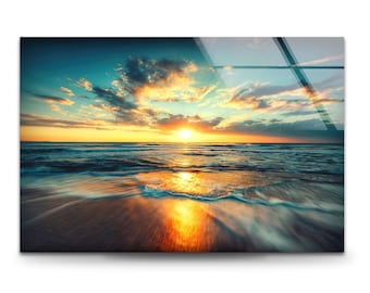 Ocean Sunset Glass Wall Art: Tranquil Seascape Decor