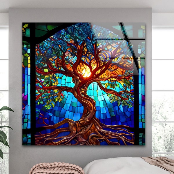 Art mural en verre trempé - Art d'impression sur verre - Art en verre trempé - Décoration murale en verre - Art en vitrail - Art mural Life of Tree