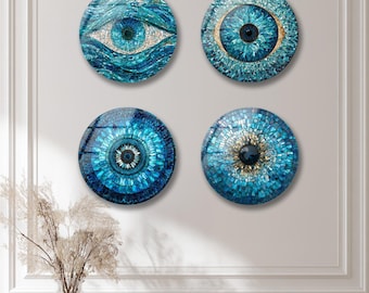 Blue Tempered Glass Wall Art: Round UV Printed Decor - 10"