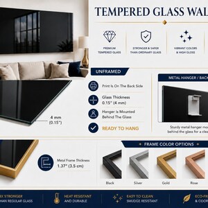 The image is a detailed product description for a Tempered Glass Wall Art, highlighting its features and benefits. It includes a close-up view of the wall art, a framed version, and various color options. The text provides information about the wall art's durability, strength, and ease of cleaning, as well as its ability to withstand temperature changes. The image is a collage of multiple images, and the text is concise and avoids redundancy.