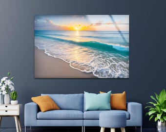 Beach Sunset Tempered Glass Wall Art: Ocean Landscape