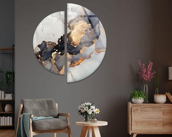 Black Gold Marble Glass Wall Art: Round Split Panel, Modern Decor