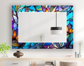 Stained  Effect Glass Wall Mirror, Vibrant Multicolor Rectangular Mirror, Artistic Bohemian Wall Decor for Living Room & Entryway