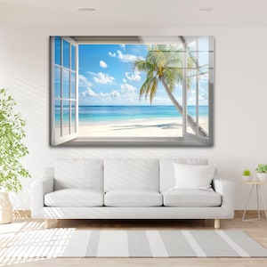 Tropical Beach Glass Wall Art: Ocean View Palm Tree Decor
