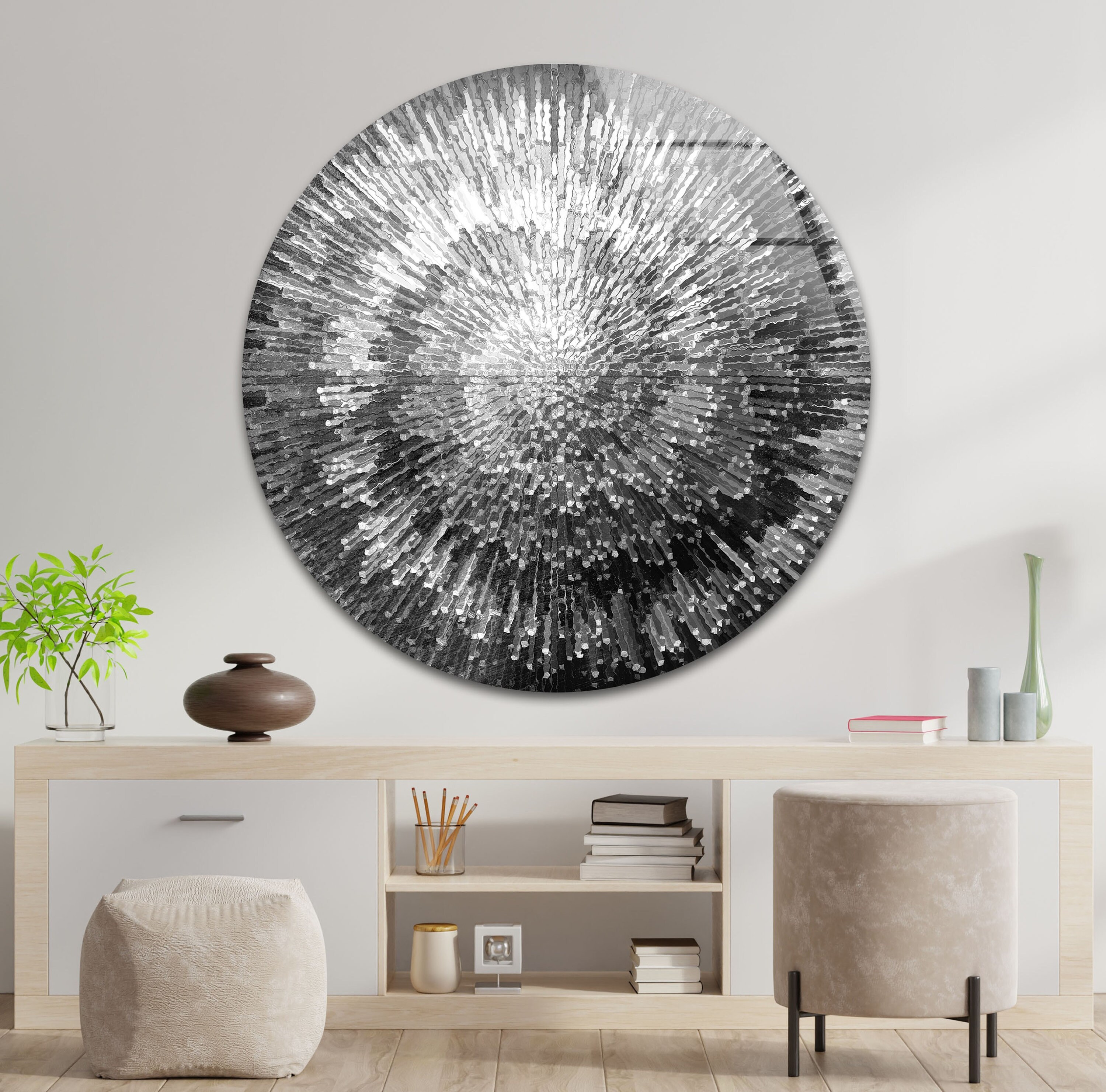 Black and White Abstract Glass Wall Art: Round Metallic Print