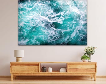 Ocean Waves Tempered Glass Wall Art: Coastal Beach House Decor