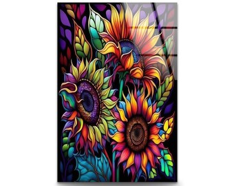 Sunflower Stained Glass Print: Vibrant Floral Tempered Glass Wall Art