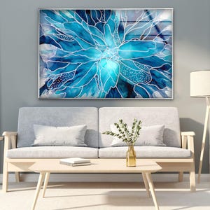 Glass Wall Art Turquoise Blue, Floral Abstract Glass Art, Modern Tempered Glass Print, Elegant Blue Glass Artwork