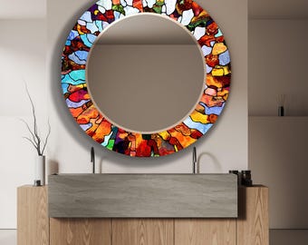 Mosaic Look Glass Wall Mirror: Colorful Abstract Art