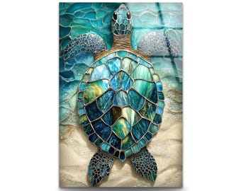 Sea Turtle Glass Wall Art – Ocean-Inspired Glass Print, Blue Green Mosaic Glass Artwork, Marine Life Glass Panel for Bedroom